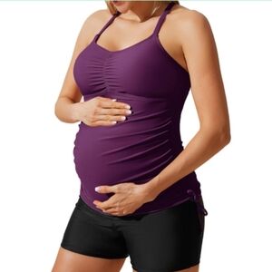 Maternity Tankini Swimsuits Pregnancy Swimwear Strappy Drawstring Purple 2XL